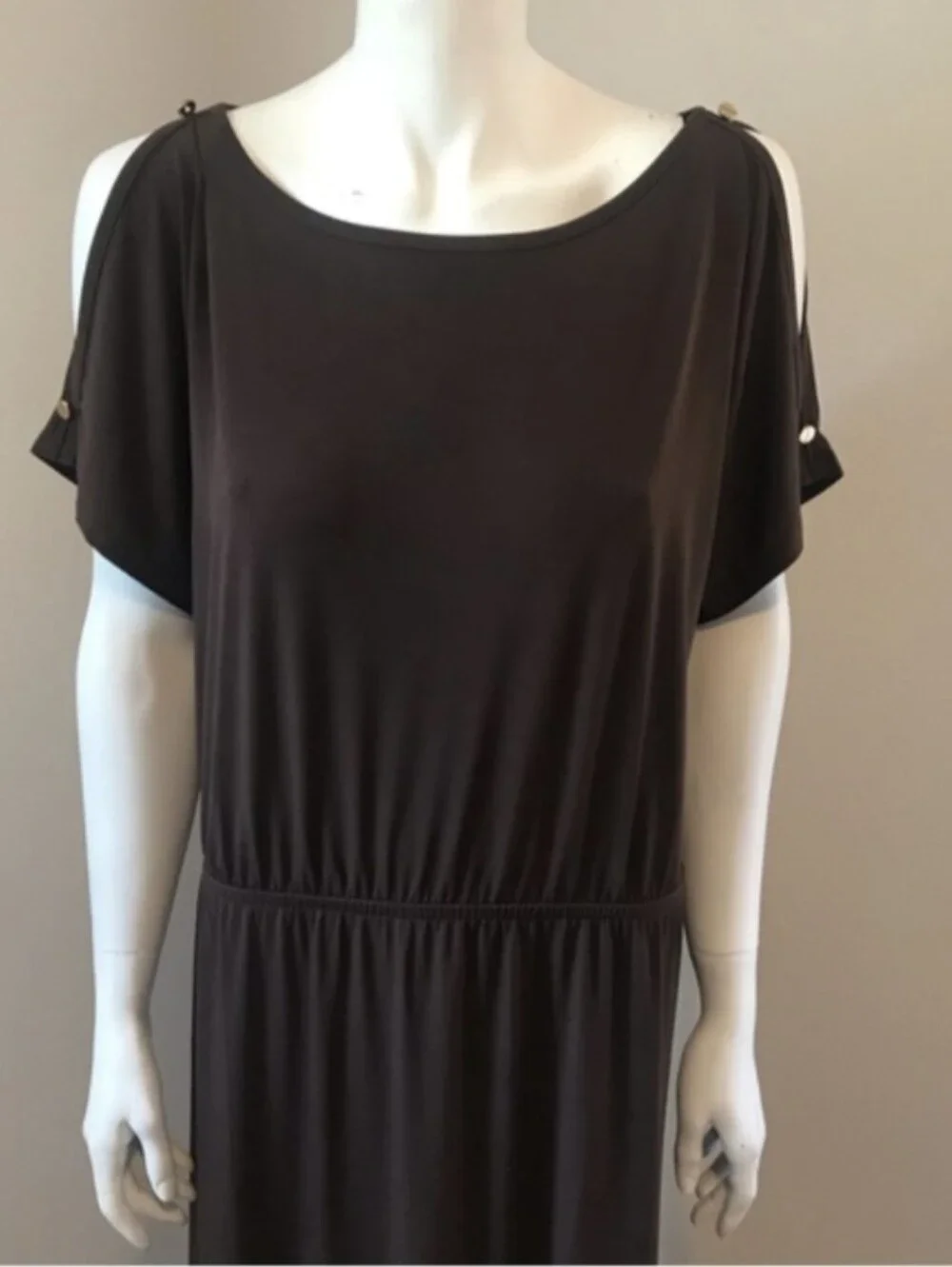 CHICO'S Francine Split Slv Maxi DRESS SOLID ROCKLEDGE BROWN- 1 (M/8)